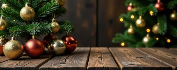 Rustic wooden table, Christmas tree, gold & silver ornaments, festive background , branches, xmas, holiday season