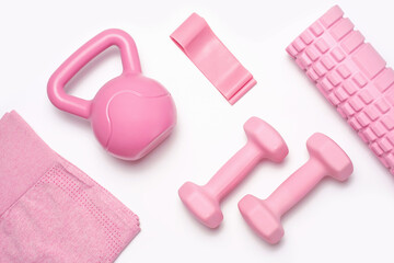 Set of sports accessories on white background close-up top view.