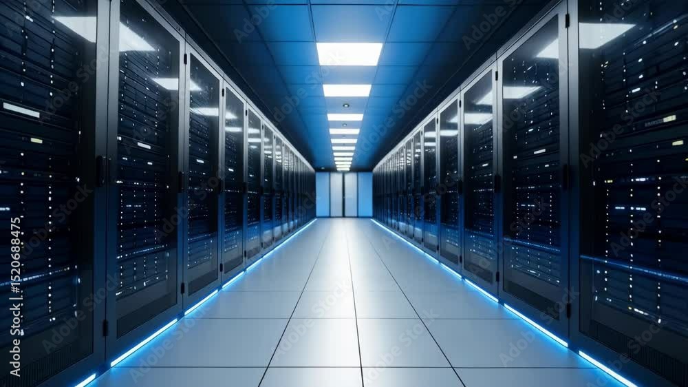 Poster illuminated corridor inside server room with rows of data storage racks, cloud computing technology 