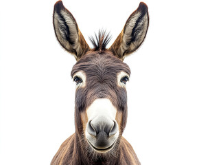 Fototapeta premium Close-up studio portrait of a brown domestic donkey with an isolated white background
