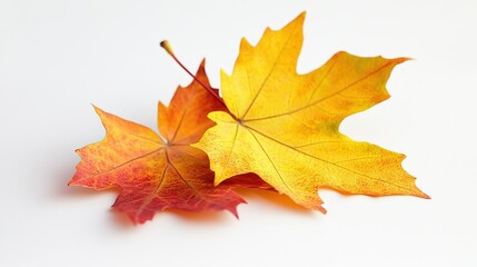 Obraz premium Close-up Autumn Maple Leaves: Vibrant Golden-Orange-Red Palette with Visible Veins & Delicate Texture on Clean White Background. Natural Light, Still Life Composition for Fall Mood, Nature & Ecology T