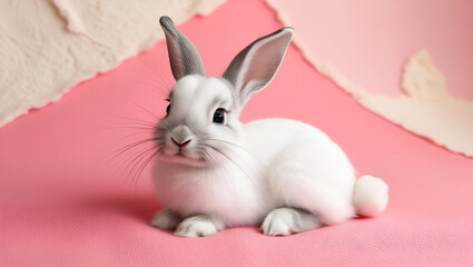 Comical baby bunny with soft white fur and long ears relaxing on a pink Easter-themed background.