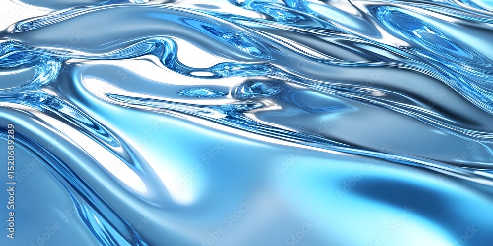 Poster 3d render of a fluid, liquid silver and shiny chrome abstract background with wavy shapes