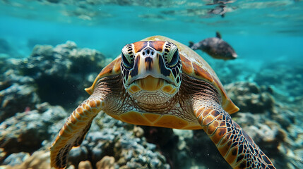 Obraz premium Close-up of a sea turtle swimming in coral reef waters.