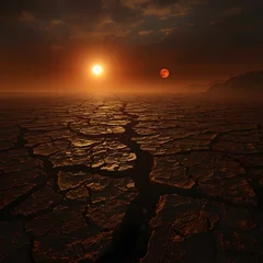 Selbstklebende Fototapeten Cracked Earth at Sunset: The sun sets on a cracked earth revealing a landscape of aridity and environmental changes, capturing a stark portrait of our planet's resilience. © Juan
