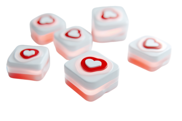 Glowing Red and White Heart Cubes on Transparent Background, PNG