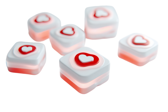 Glowing Red and White Heart Cubes on Transparent Background, PNG