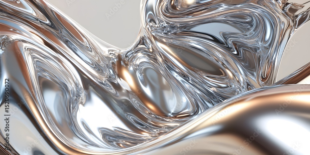 Poster 3d render of a fluid, liquid silver and shiny chrome abstract background with wavy shapes