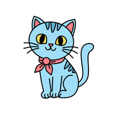 Cute blue cartoon cat with pink bow. Smiling kitten illustration in flat style for children, pets, or decoration design
