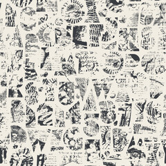 Fototapeta premium Abstract vector seamless pattern with font consisting of geometric shapes with texture, shells on the theme of paleontology. Fabric, textile, t-shirt design, tile, wallpaper. No AI is used.