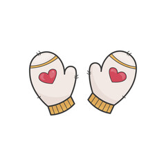 A cute doodle-style illustration of winter mittens with heart designs and yellow cuffs. On a white background