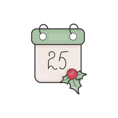 A doodle-style illustration of a calendar page featuring the number "25" adorned with holiday decorations, including vibrant holly.  