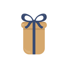 Playful hand-drawn illustration of a yellow gift box with a blue ribbon and bow. Ideal for winter decor, greeting cards, wrapping paper, and festive clipart. On white background.