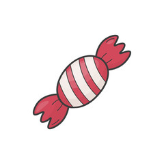 Cute hand-drawn red and white striped candy in doodle style. Perfect for Christmas decor, winter clipart, holiday patterns, and festive packaging. On white background.
