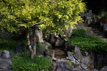 A tranquil Japanese-style garden scene with lush greenery, a stone pathway, a small waterfall, and a vibrant ornamental tree in soft natural light