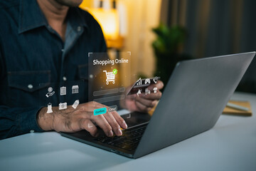 Person using laptop for online shopping with digital interface showing cart, payment options, and shopping icons in a cozy indoor setting
