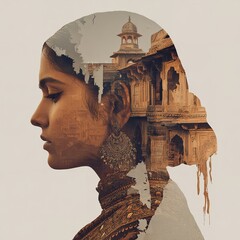Indian Woman Double Exposure Portrait Ancient Architecture Palace old art city gold tone face photo 