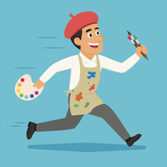 Cartoon artist running joyfully with a paint palette in one hand and brushes in the other. He wears a red beret and a paint stained apron, symbolizing creativity and passion for art.