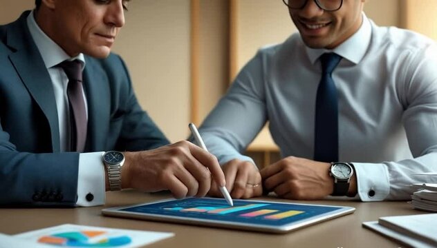 legal and businessman advisor, planning analyze investment and marketing on tablet in office. smooth pull out camera shot