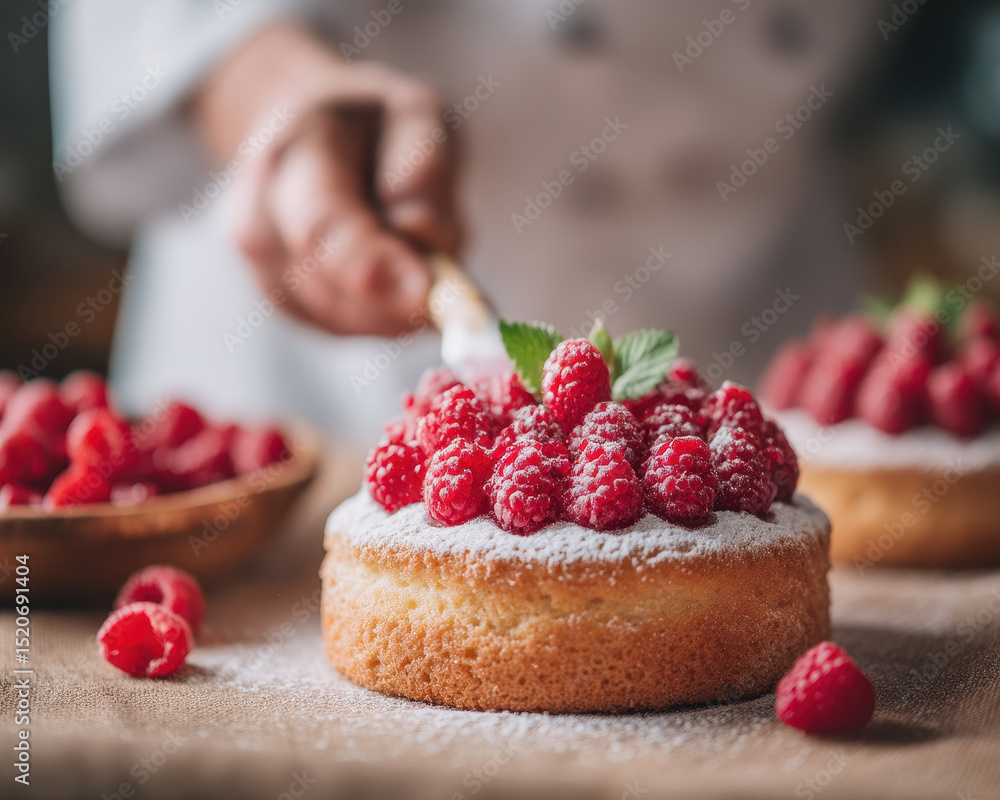 Poster delicious dessert making process with fresh raspberries and powdered sugar topping soft cake creatin