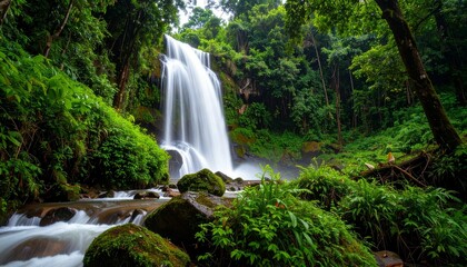 Obraz premium Waterfalls in the north of Thailand are covered with moss and plants. Beautiful waterfall in the rain forest.