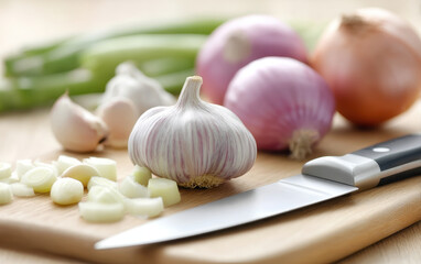 Fresh garlic and onions on wooden board with knife showing dessert making process in natural kitchen setting