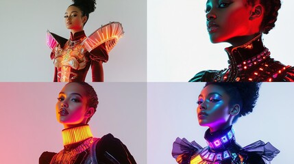Four portraits of a young woman in vibrant, futuristic fashion, showcasing LED light-up details