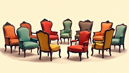 Fototapeta premium A collection of mismatched chairs representing different styles, cultures, and eras arranged in a circle. 