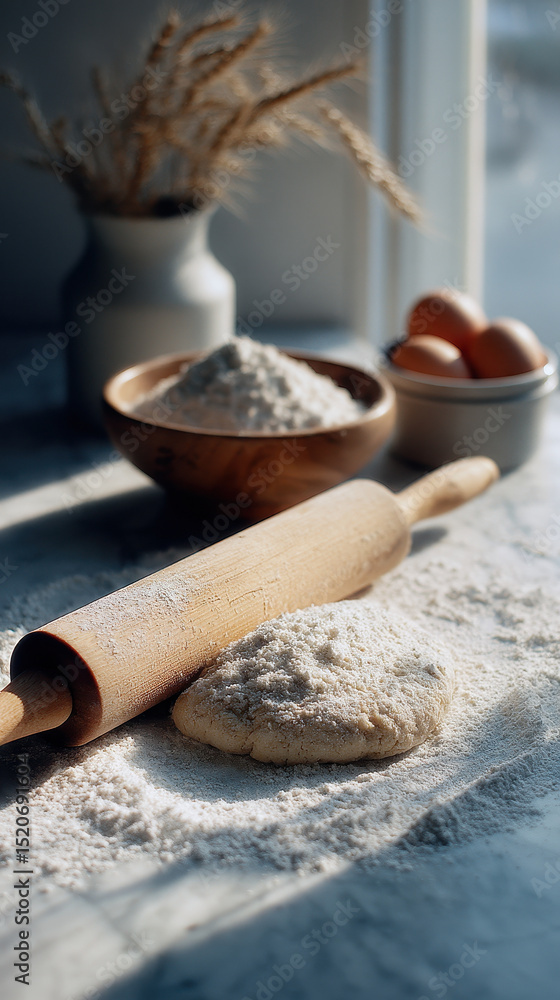 Poster dough covered with flour and rolling pin on marble surface showing dessert making process with eggs 