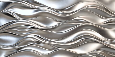 A high-resolution, hyper-realistic close-up of silver metal waves with a glossy finish, creating an abstract and fluid background.