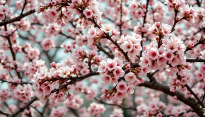 Closeup View of Cherry Blossom Branches with Abundant Pink Flowers Bathed in Soft Spring Light