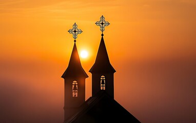 Photo of a silhouette church steeple with two crosses on top, a sunrise in the background, and a misty sky. 
