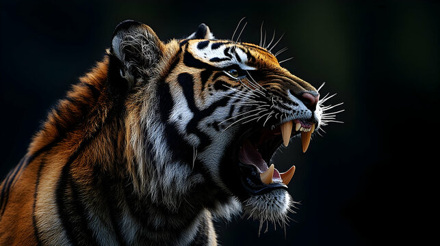 Close-up profile of a tiger roaring.