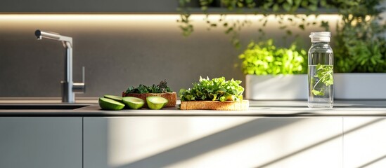 Modern Kitchen with Fresh Food and Greenery