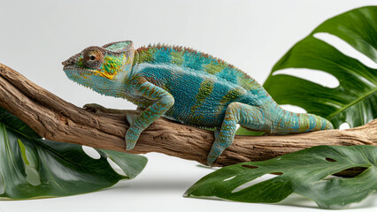 Green chameleon on leafy branch, natural camouflage and exotic appearance. Nature chameleon content, wildlife presentations, reptile-focused documentaries, slow movement, natural adaptation