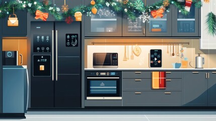 Modern, smart kitchen decorated for the holidays. Features sleek, dark cabinets, appliances, and holiday decorations