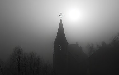Fototapeta premium Photo of a silhouette church steeple with two crosses on top, a sunrise in the background, and a misty sky. 