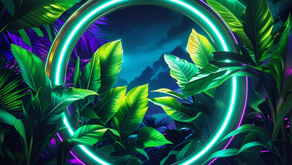 Green and Blue Neon Light with Tropical Leaves ai genrative