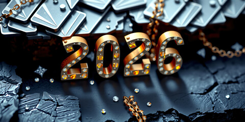 A Abstract Geometric Design representation of happy new year with text '2026'. Theme: Mystical Enchantment. Mood: energetic and vibrant. Features tiny sparkling elements. Stock...