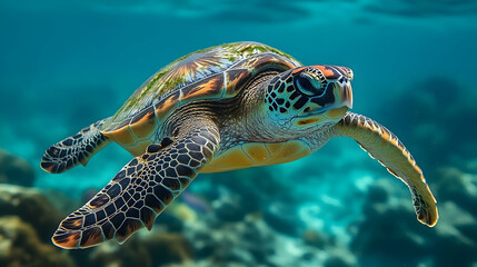 Fototapeta premium Colorful sea turtle swimming underwater.