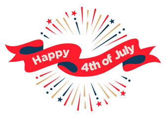 Vector Happy 4th of july fireworks banner 
party sale background, red ribbon isolated on white 
for USA Independence Day Fourth of july celebration 
Social Media, Web Banner