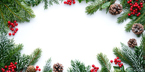 Christmas frame decoration with fir branches, pinecones, and berries, perfect for holiday greeting card designs
