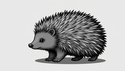 Illustration of a Cute Hedgehog with Spines in Shades of Gray Against a Neutral Background