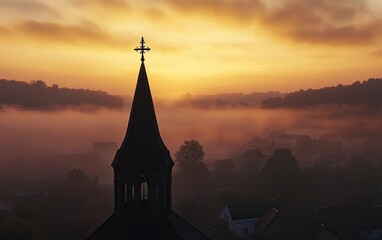 Fototapeta premium Photo of a silhouette cross on top of a church steeple at sunrise, with a foggy sky. 