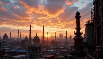 Industrial City Silhouette at Sunset with Towers and Smokestacks Against a Colorful Sky