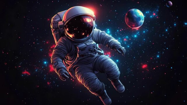 Astronaut in outer space. Vivid colors and glowing stars surround a space suit