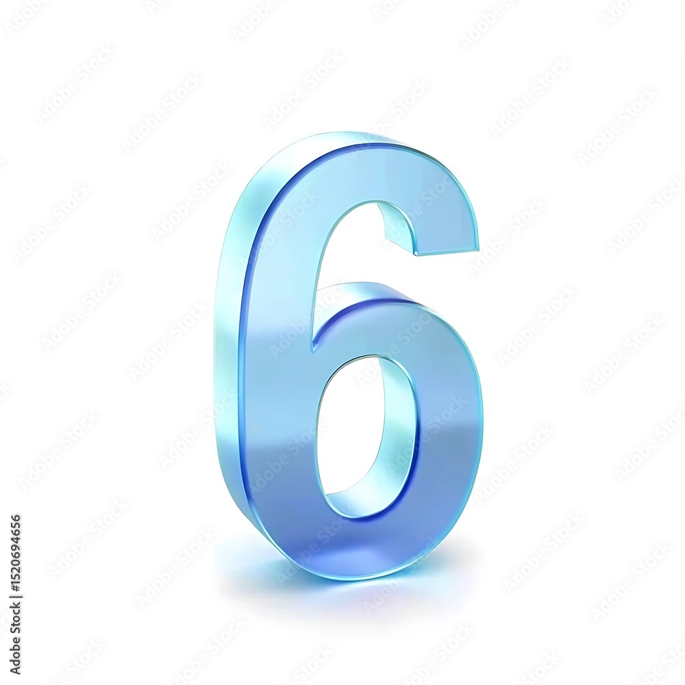 Poster elegant 3d rendering of number six in a translucent blue color on white background