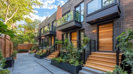 Obraz premium Modern Townhouses with Private Patios and Lush Greenery