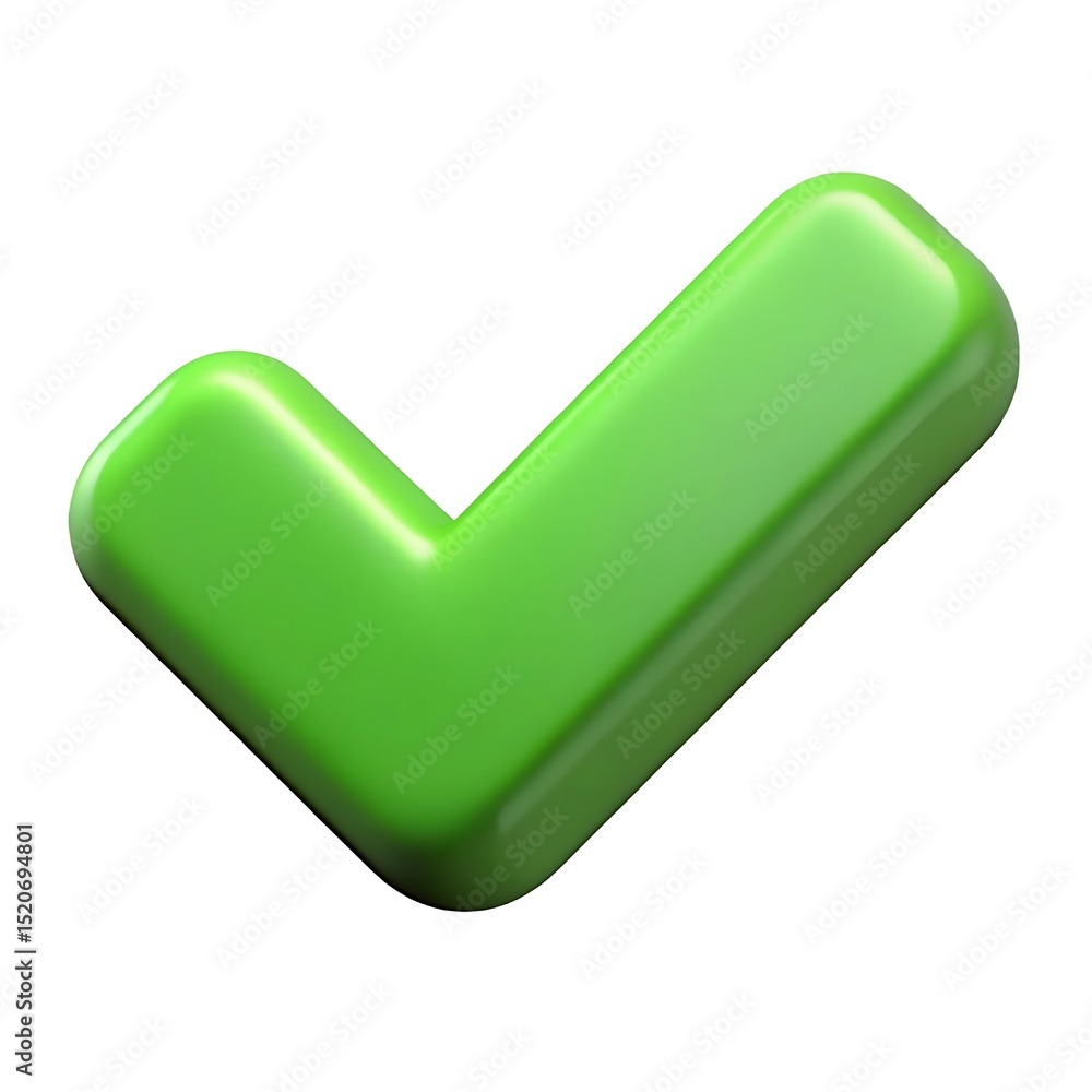 Poster glossy 3d rendered green check mark isolated on white background for success concepts