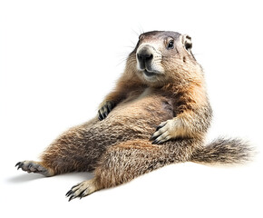 Fototapeta premium An isolated cute brown prairie dog, a small rodent mammal, stands alert on a white background